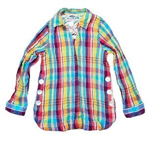 Soft Surroundings Kona Shores Multicolor Plaid Shirt‎ Womens PM Cotton Gauze